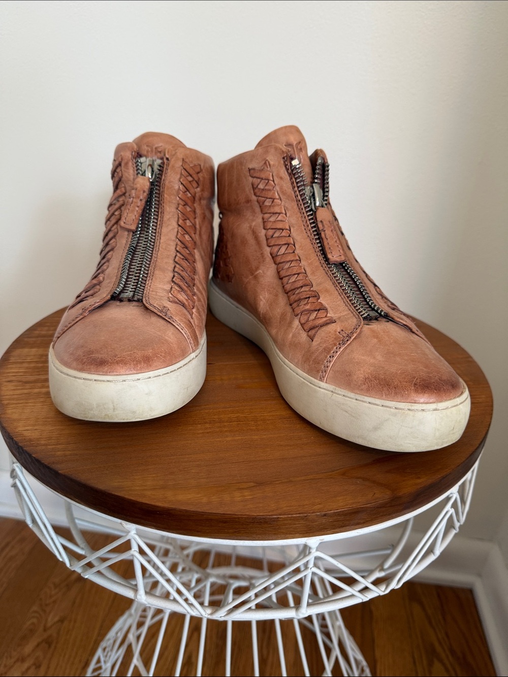 Frye Cognac Leather High-Top Zip Sneakers